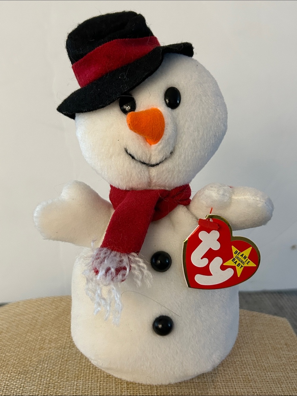 Ty Plush Snowman in White with Black Hat and Red Scarf snowball with heart tag